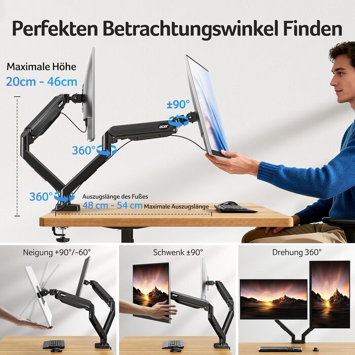 Кронштейн для двох моніторів Acer Dual-Monitor Arm, газліфт для екранів 17-32 дюймів, навантаження 2-9 кг, VESA 75/100 мм, з кабельний-менеджментом
