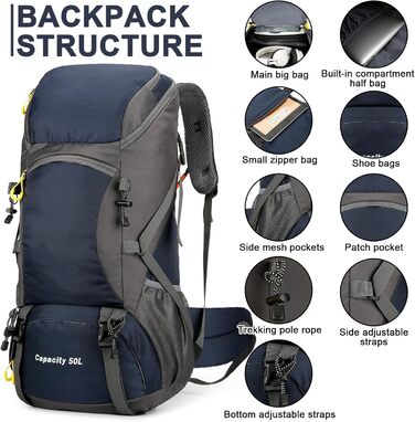 Jianyana Wanderrucksack 50L Trekking Backpack Rain Cover Travel Backpack Waterproof Camping Backpack for Hiking Camping Mountaineering Travel Sports Men Women (Blue)