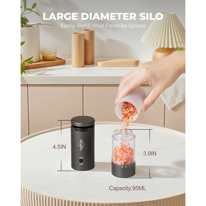 Sangcon Electric Salt and Pepper Grinder, 2 Speed Settings, 6 Grind Settings, Automatic Pepper Grinder with USB Charging Station, One-Handed Grinding (Space Grey)
