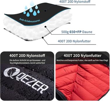 Спальний мішок для дорослих та дітей, зимовий, легкий, для кемпінгу та альпінізму, 650 FP гусячий пух, 500г, чорний, робоча температура -30°C ~ +8°C