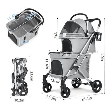 Beberoad Розкладний візок для собак та котів, 2-ярусний, чорний/сірий