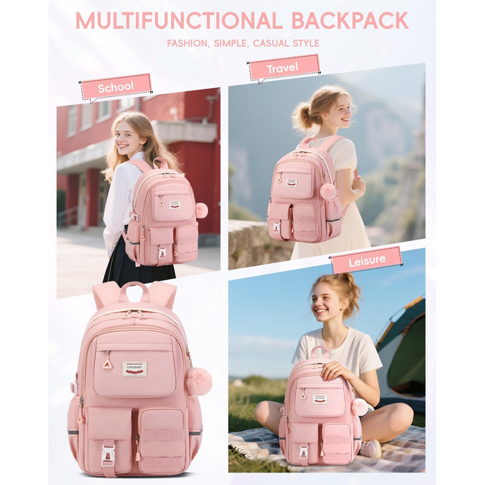 Рожевий шкільний рюкзак для дівчаток Tanou, 9-16 років, великий, водонепроникний, з брелоком