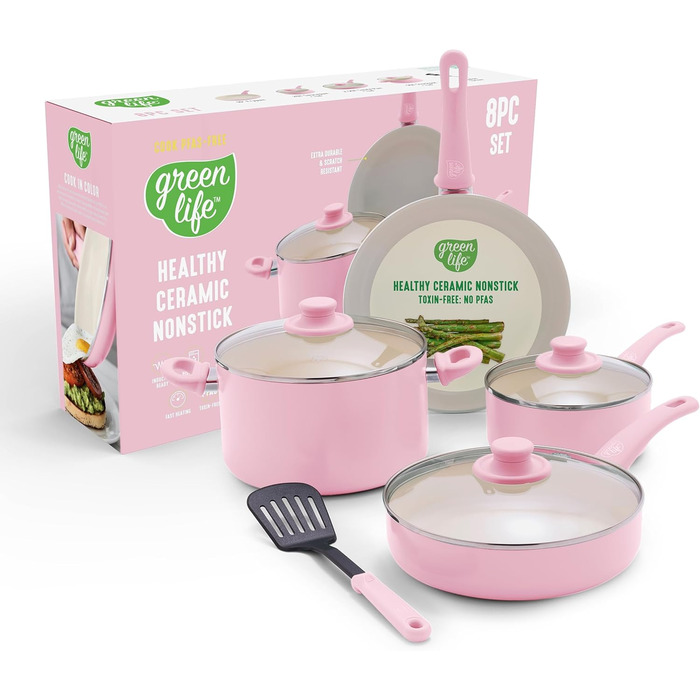 Набір кухонного посуду GreenLife Soft Grip 8 предметів (керамічне покриття, антипригарне, рожевий)