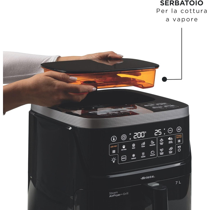 Фритюрниця Ariete 4636 з функцією пари та грилем, 1700W, сушильна функція, 10 режимів приготування, прозорий кошик, таймер, підсвітка, чорний колір