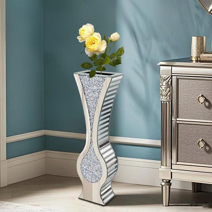 Ваза для квітів велика 68 см, підлогова ваза: срібна ваза з кристалами для пампас трави, скляна ваза з дзеркальним покриттям, декоративна ваза з блискітками для вітальні, декор інтер'єру – не для води (21.5L x 13B x 68.5H cm)