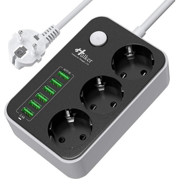 Багаторозкладна мережева панель HULKER з 3 розетками та 6 USB-портами, захист від перенапруги, 1.6 м, універсальна