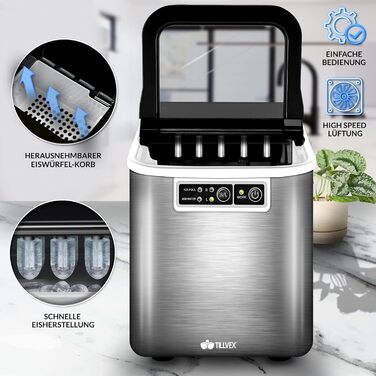 Tillvex Stainless Steel Ice Maker - 12kg Capacity, 24-Hour Production | 2.2L Water Tank, LED Display, Self-Cleaning Function | 2 Ice Cube Sizes