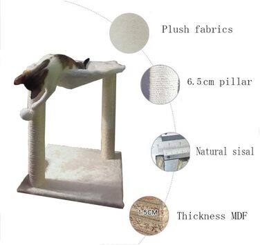 Дерев'яний когтеточка для котів Kratzbaum з будиночком, гамаком, ліжком та когтеточками, 41 x 48 x 41 см, білий, обмотаний сизалем, з іграшкою на шнурку