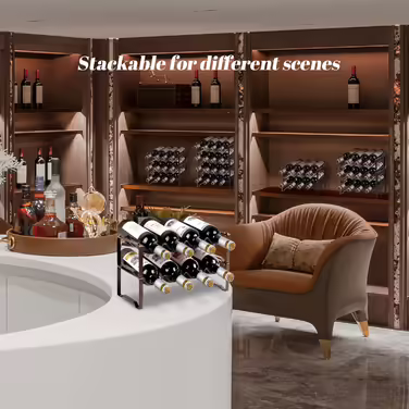 Metal wine rack, stackable bottle rack for cellars, bars, and storage rooms, stable modular expandable bottle and wine storage (4 tiers) (8 bottles)