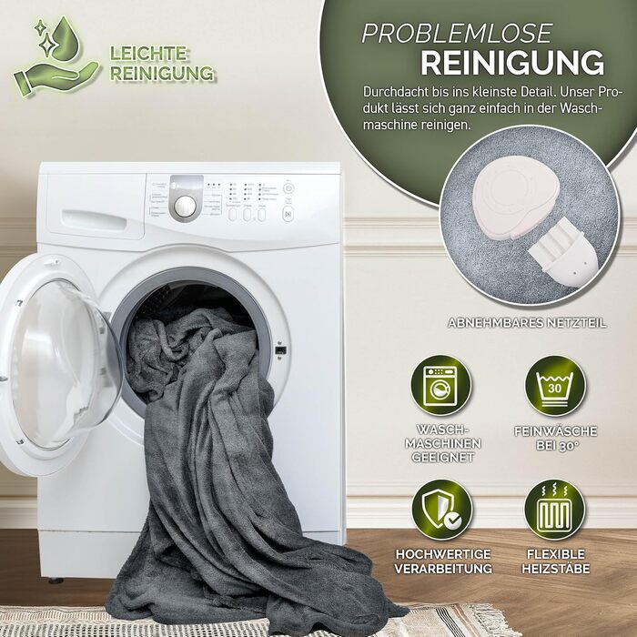 Електрична гріюча ковдра Sinnlein® з плюшу 200 x 180 см | 9 температурних режимів, таймер, автовимкнення, миється до 40°C, світло-сіра | Ковдра для сну та відпочинку