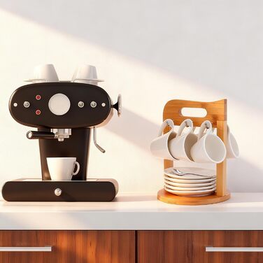 Набір еспресо-чашок з дерев'яним підставкою, 6 шт. по 80 мл, порцеляна, товстостінні, з підставками, для 6 осіб