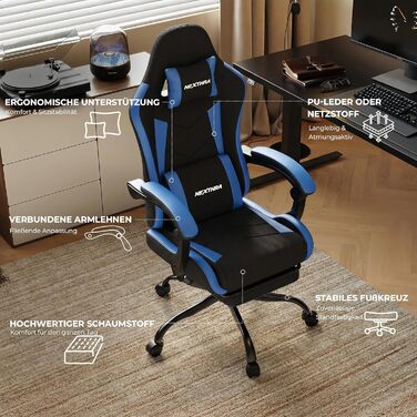 Геймерське крісло Nexthra Ergonomisch з підставкою для ніг, до 180 кг, блакитне. Офісне крісло для геймінгу та роботи, з регульованою спинкою 150°
