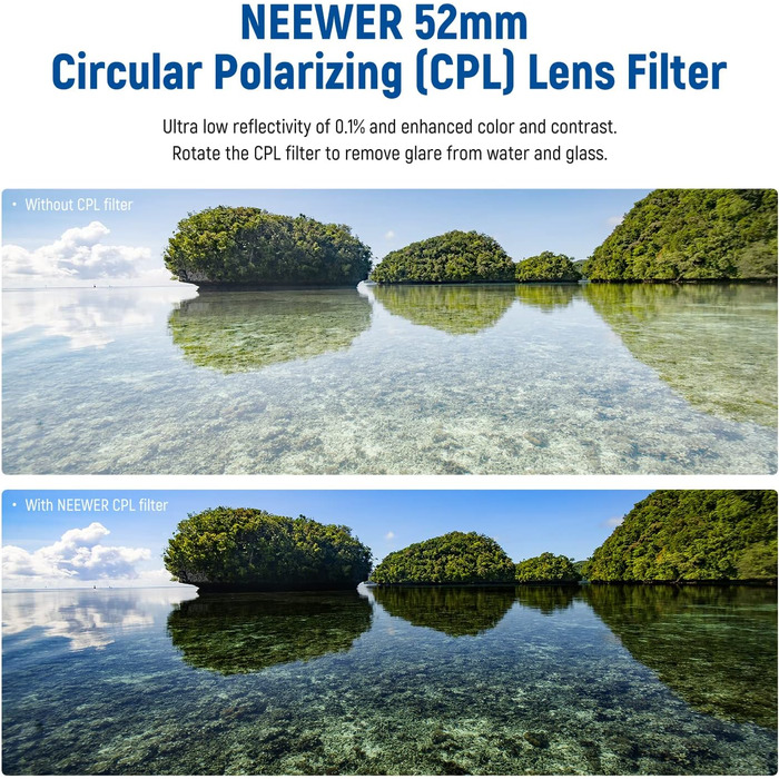 NEEWER Поляризаційний фільтр (Полярізатор) CPL, 52mm, з 30-шаровою плівкою, зменшує відблиски та покращує контраст
