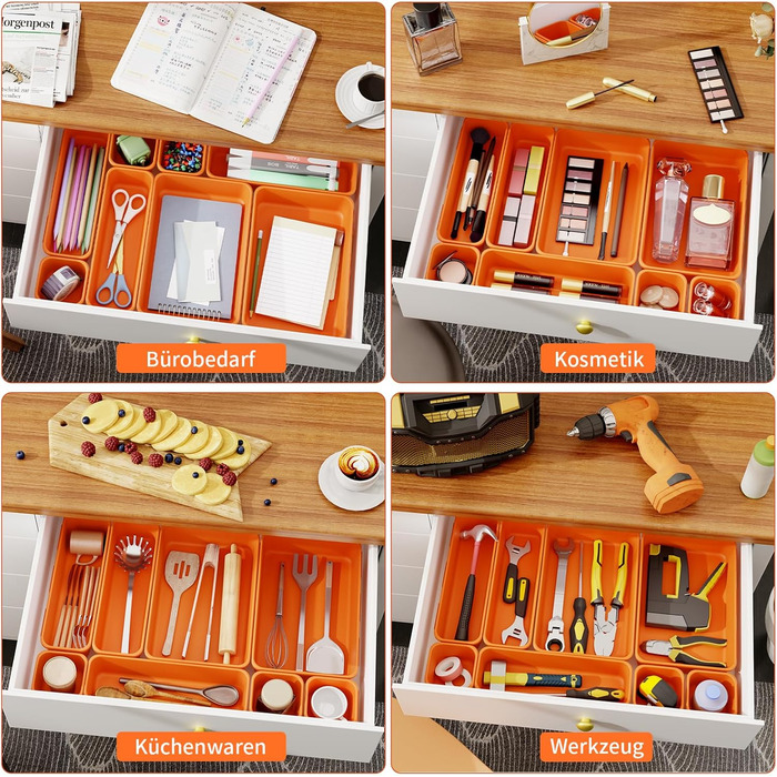 45 Piece Drawer Organizer Set for Office with 3 Sizes, Vanity Makeup Organizer Drawer, Storage Desk Organizer Drawer System for Kitchens, Bedrooms, Bathrooms, Office, Grey (3 - Sizes, Orange (45 Pieces))