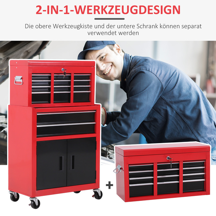 HOMCOM Workshop Trolley with Tool Box, Empty and Lockable Tool Trolley with 6 Drawers, Cupboard Compartment, Anti-Slip Mats, 2 Keys, Tool Cabinet Metal Red+Black | Aosom