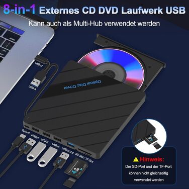 Зовнішній багатофункціональний DVD-привід 8-в-1 для ноутбука та ПК: USB 3.0, Type-C, 5 USB-портів, картридер TF/SD, оптичний накопичувач для Windows, macOS, Linux, сірий