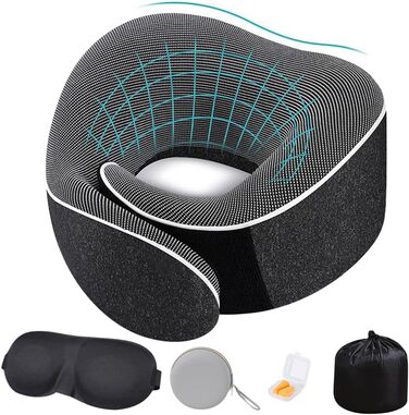 Подушка для шиї у літак, 2.0 Nackenhörnchen, подушка для подорожей, 100% Memory Foam, з 3D-маскою для сну та берушами. Ідеально для подорожей літаком, автомобілем, поїздом.