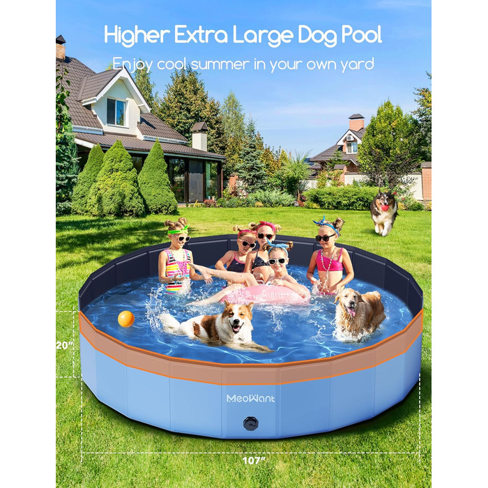 Meowant Foldable Dog Pool, Dog Bathtub, Splash Pool Large Thickened PVC, Extra Large Outdoor Foldable Kids Pool, Portable Non-Slip Dog Splash Pool, No Pump Required (272 x 50 cm)