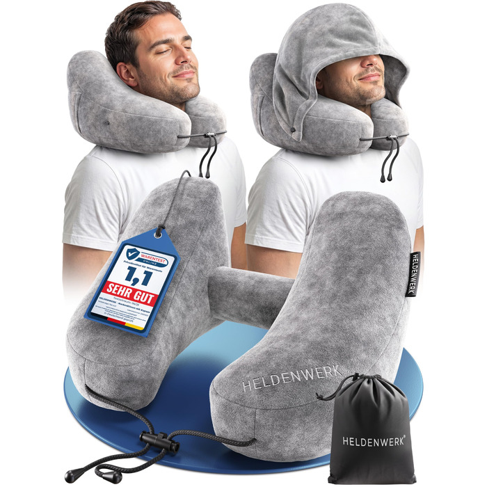 Подушка для шиї HELDENWERK® Air: 5 положень, регульований тиск, знімний капюшон | Подушка для подорожей на літаку/автомобілі, м'яка, сірого кольору, велика