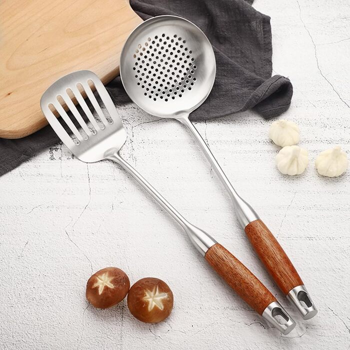 Набір кухонного приладдя з нержавіючої сталі 4 шт. (лопатка, шумовка, сито, лопатка для перевертання), з дерев'яною ручкою, придатний для миття в посудомийній машині
