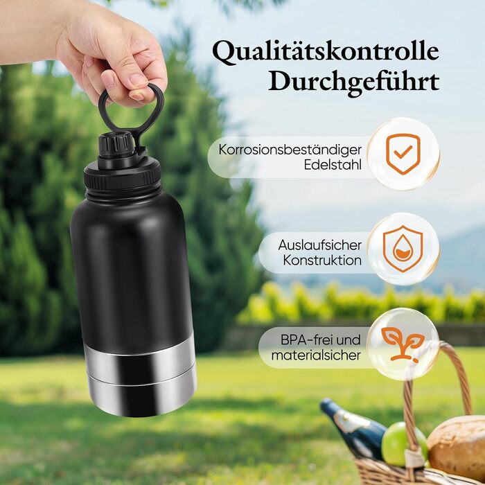 Водяна пляшка для собак на винос 4-в-1, 1000 мл, з мисками для води та корму, з нержавіючої сталі, BPA-Free