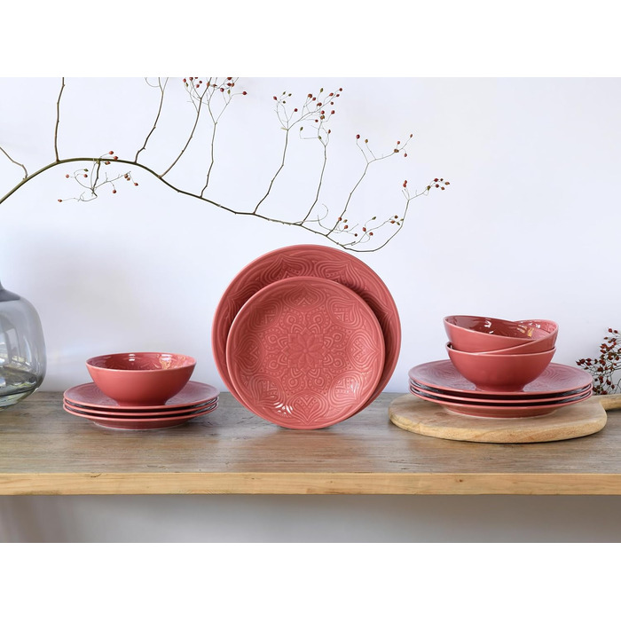 Набір посуду CreaTable Serie Orient Mandala 18 предметів, порцеляновий, червоний, для мікрохвильової печі та посудомийної машини, виготовлено в Європі