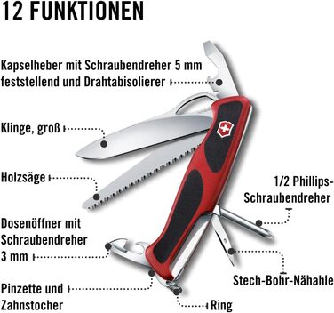 Швейцарський ніж Victorinox Ranger 78 M: мультитул з 12 функціями, фіксатор леза, відкривачка для пляшок, червоно-чорний