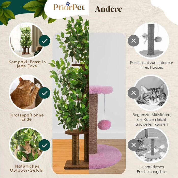 Дерево для котів з листям – Стабільний та компактний – 4 поверхні для дряпання та 3 стовпчики – Ідеально для лазіння, ховання та сну – Легка збірка – Безпечний та довговічний cat tree з натуральних матеріалів