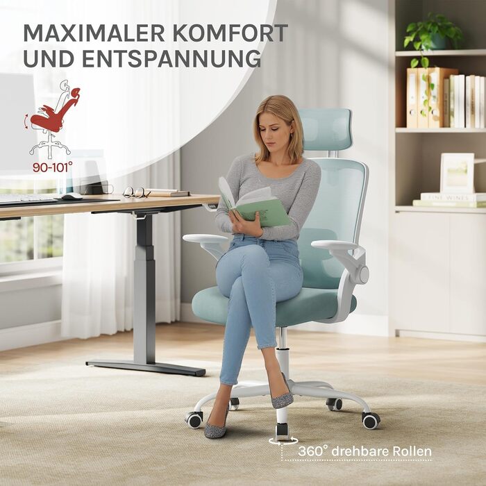 Крісло офісне WOLTU ергономічне з регульованою підголовником та підтримкою попереку, функцією гойдання, для офісу, витримує 150 кг (Блакитне)