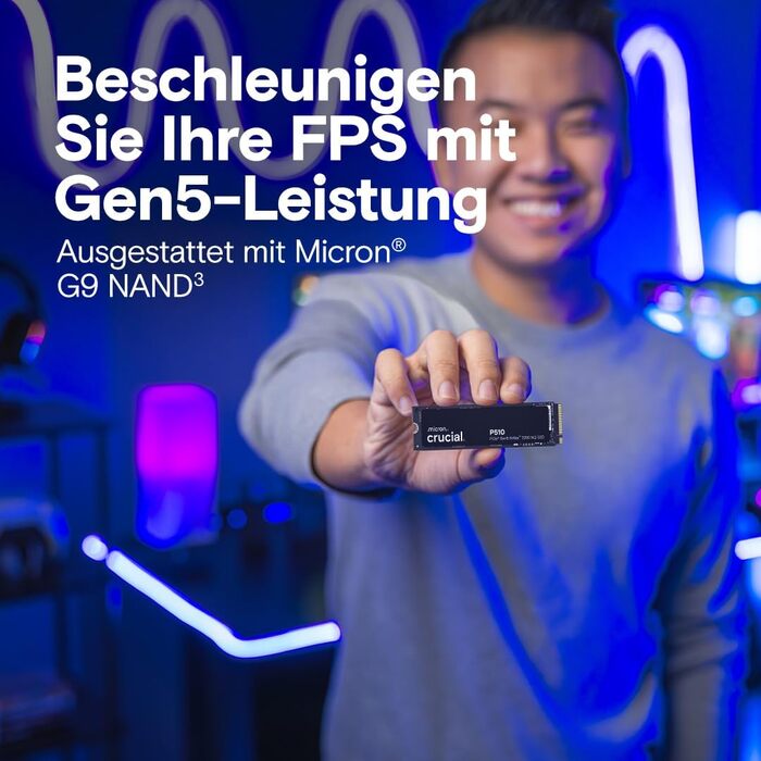 SSD Crucial P510 1TB M.2 NVMe PCIe 5.0 Gen5 з радіатором, до 11000 МБ/с читання, 9500 МБ/с запис, для ПК та PS5