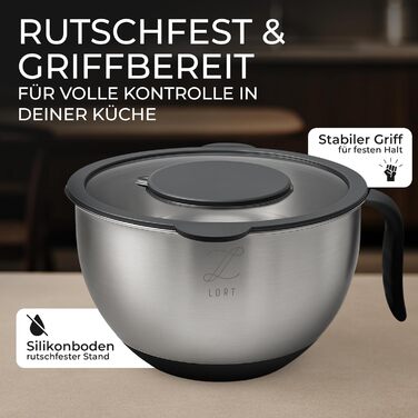 Набір мисок для перемішування Lort з нержавіючої сталі з кришкою та тертками | Набір кухонних мисок з антиковзким дном та можливістю складання | Салатник з 3 насадками-терками | Можна мити в посудомийній машині, нержавіюча сталь