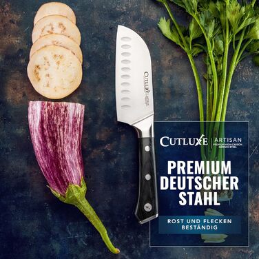 Ніж Cutluxe Santoku 13 см – універсальний ніж для риби, м'яса, суші. Виготовлений з німецької сталі, надзвичайно гострий, ергономічний дизайн