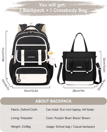 Шкільний рюкзак для дівчаток 2 в 1: рюкзак та сумочка, 3-7 клас, 45 см, чорний