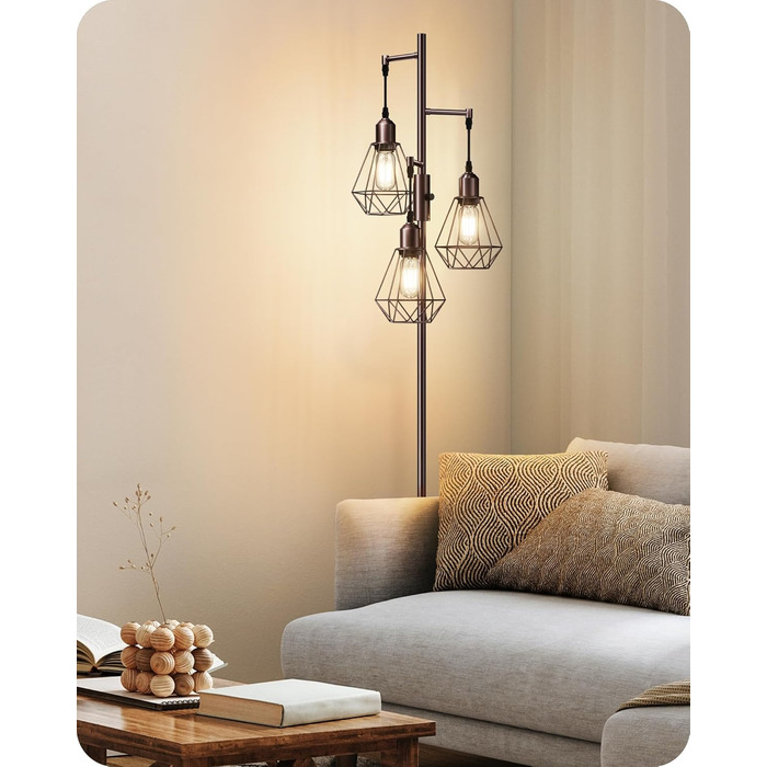 LED торшер Edishine для вітальні, 3 лампи, ретро стиль, диммування, 4W E27, регулювання поворотною ручкою, індустріальний дизайн, металевий абажур-сітка, 2700K, висота 166 см, колір: коричневий