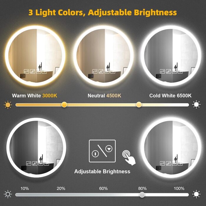 Круглий дзеркало для ванної кімнати з LED-підсвічуванням, 60 см, з функцією проти запотівання, сенсорним перемикачем та Bluetooth, регульована яскравість, 3000K/4000K/6500K, HD-загартоване скло, 600*600 мм