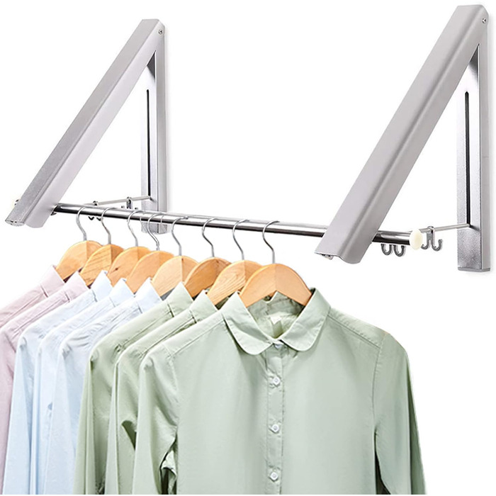 LIVEHITOP Folding Wall Clothes Rack 2 Pack Space-Saving Aluminum Clothes Hooks with Rod and Clothes Hanger Hooks Holder for Bedroom Bathroom Balcony Indoor Outdoor