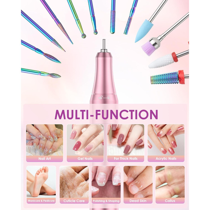 Електричний апарат для манікюру та педикюру з LCD-дисплеєм, 40000 об/хв, 15 насадок, рожевий. Для професійного та домашнього використання