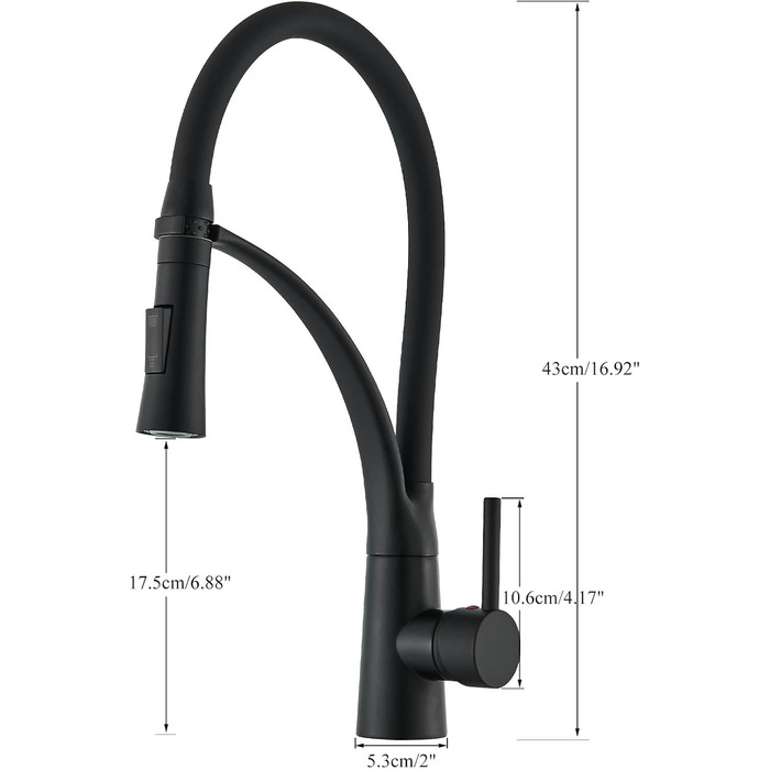 Кухонний змішувач з двома виливами, поворотний 360°, з висувною лійкою, з спіральною пружиною, для мийки, чорний, з матовою обробкою
