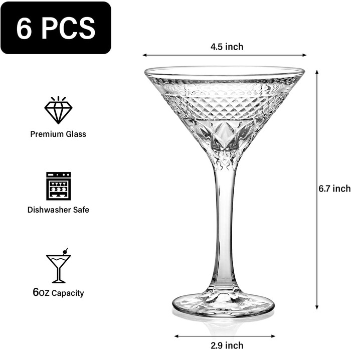 Набір келихів Martini 6 шт, 180 мл, кришталь без свинцю, для Мартіні, коктейлів, вина - подарунок жінці/чоловіку