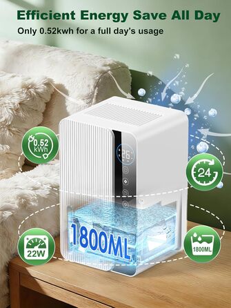 Електричний осушувач повітря 1800 мл, енергозберігаючий для спальні та ванної кімнати, 22,5 Вт, тихий режим, таймер, автовимкнення (700 мл/день)