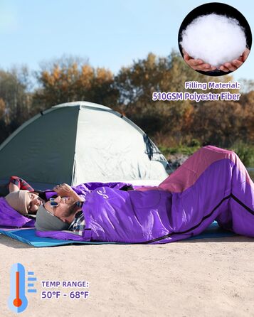 Сплячий мішок Outdoor Sportneer для кемпінгу: 3-4 сезонний літній спальний мішок, зимовий спальний мішок, компактний, портативний, ультралегкий для дорослих, фіолетовий+рожевий, 220x75 см