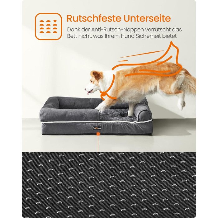 Feandrea Orthopedic Dog Bed, Dog Cushion, Dog Basket, Soft Padding, Dog Sofa, Raised Edges, Removable and Washable Cover, 91 x 71 x 20 cm, Non-Slip Bottom, Dark Grey PGW076G01