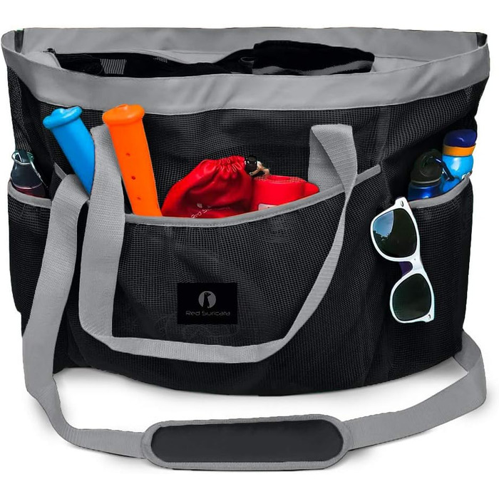 Red Suricata Large Mesh Beach Bag - Beach Bags and Shopping Bags (Black/Gray)