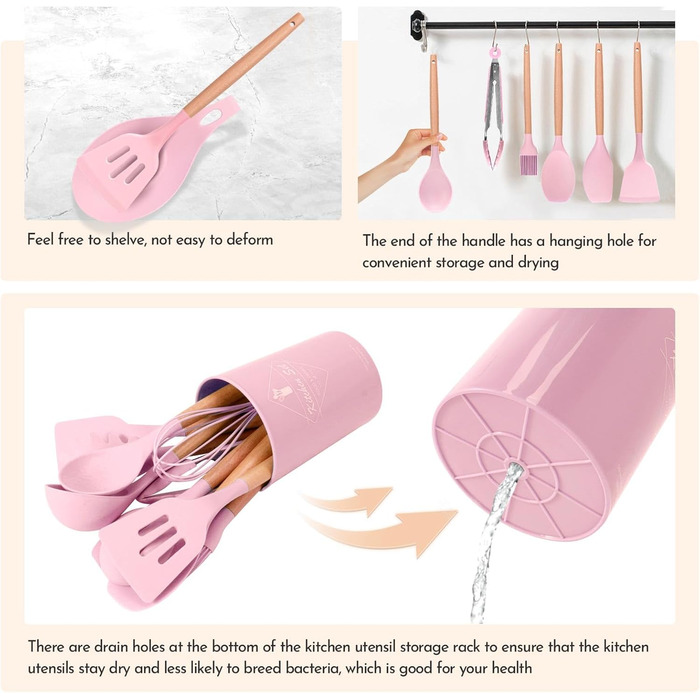 Набір кухонних аксесуарів Howephofly: 23 штуки з силікону, антипригарні, з дерев'яними ручками, включає гачки, рожевий колір