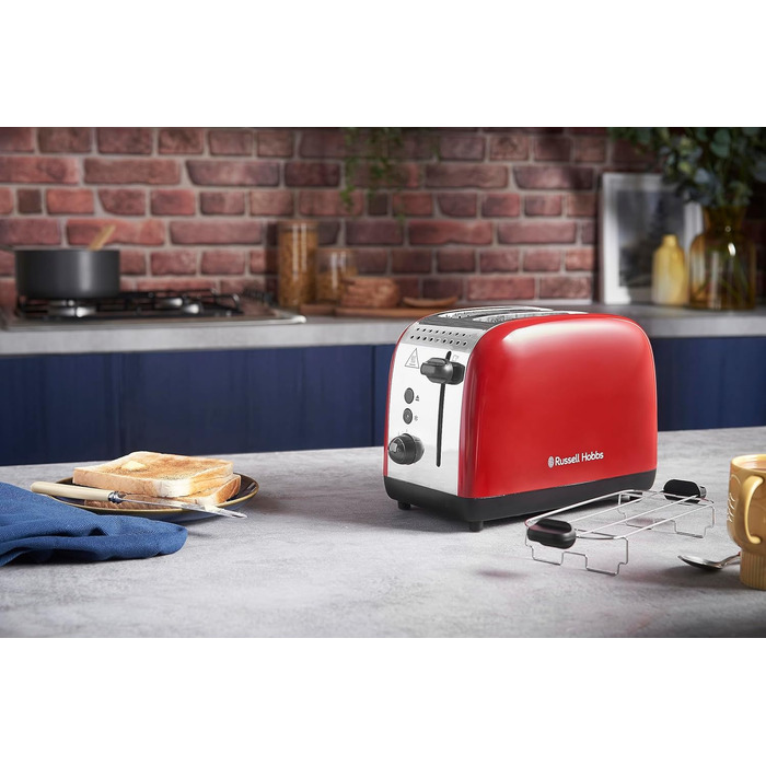 Russell Hobbs Toaster [for 2 slices] Colours Plus Stainless Steel Red (extra wide slots, includes bagel attachment, 6 browning levels + defrost function, Lift & Look function, 1600W) 26554-56 Toaster Compact NEW