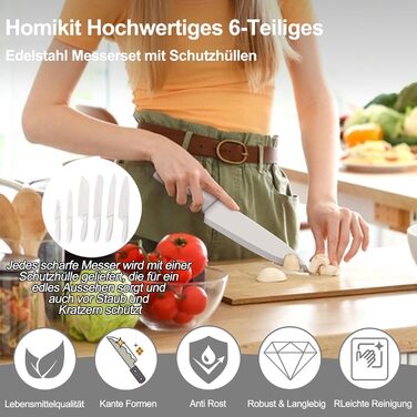 Набір кухонних ножів Homikit, нержавіюча сталь, 6 предметів, з захисним чохлом. Включає: кухарський ніж, ніж для м'яса, ніж для хліба, універсальний ніж, ніж для очищення овочів, сатокі. Антипригарне покриття, Khaki