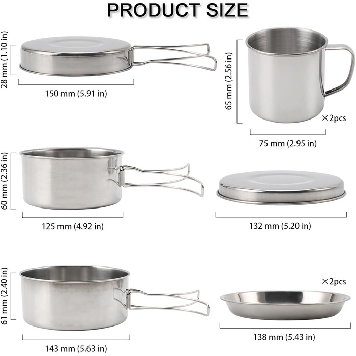 Набір кухонного посуду для кемпінгу, 8 предметів: каструля та сковорода з нержавіючої сталі, тарілки та чашки для відпочинку на природі, походів та рюкзакових подорожей. Легкий набір для приготування їжі в рюкзаку