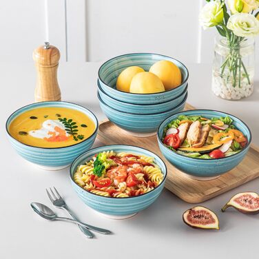 Набір керамічних мисок Vancasso Bonbon (6 шт., 840 мл) – для супу, салату, пасти, мюслі. Керамічні миски для кухні, дому та ресторану, блакитні
