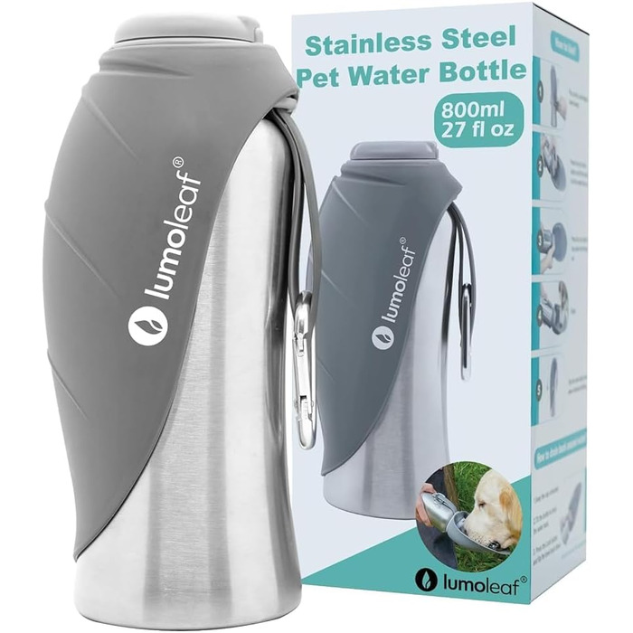 ЛьюмоЛіф - Поїлка для собак, 800 мл, нержавіюча сталь, портативна, для подорожей, кемпінгу (сіра)