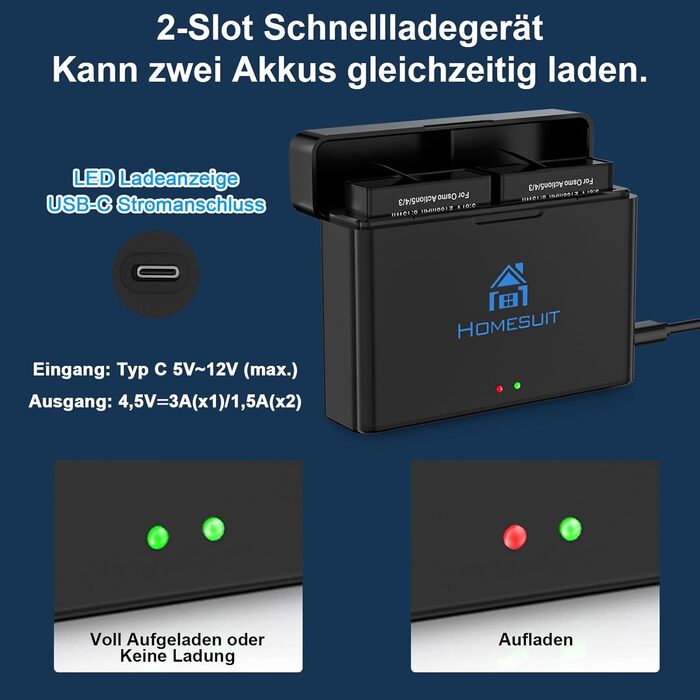 Набір акумуляторів та зарядного пристрою для DJI Osmo Action 4/3: 2x акумулятор 1800mAh + Dual USB LED зарядний пристрій